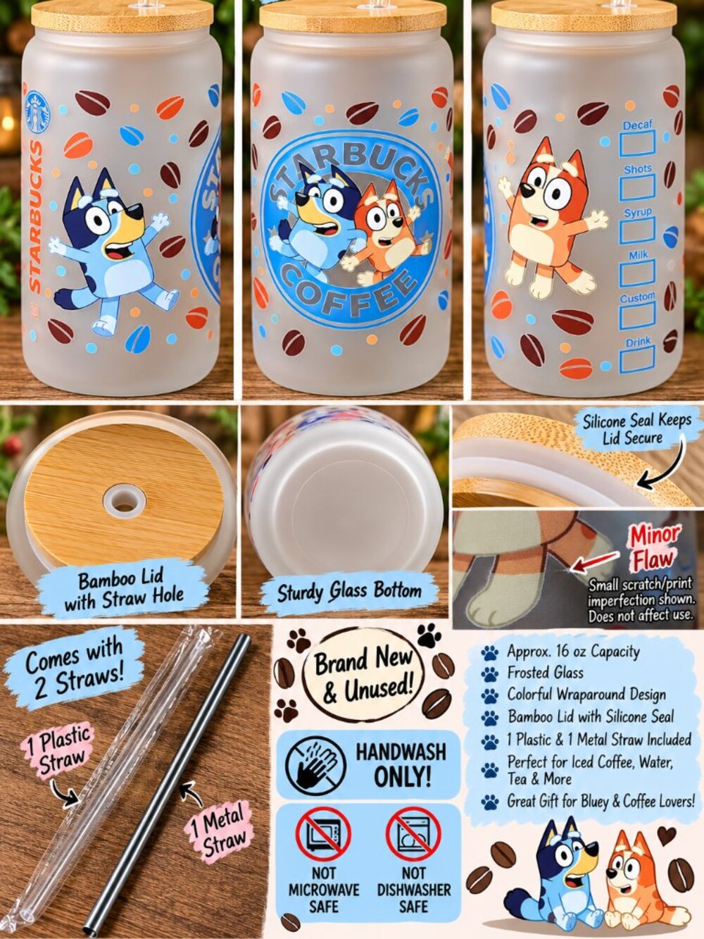 Bluey Starbucks Coffee 16oz Frosted Glass Tumbler Bamboo Lid 2 Straws